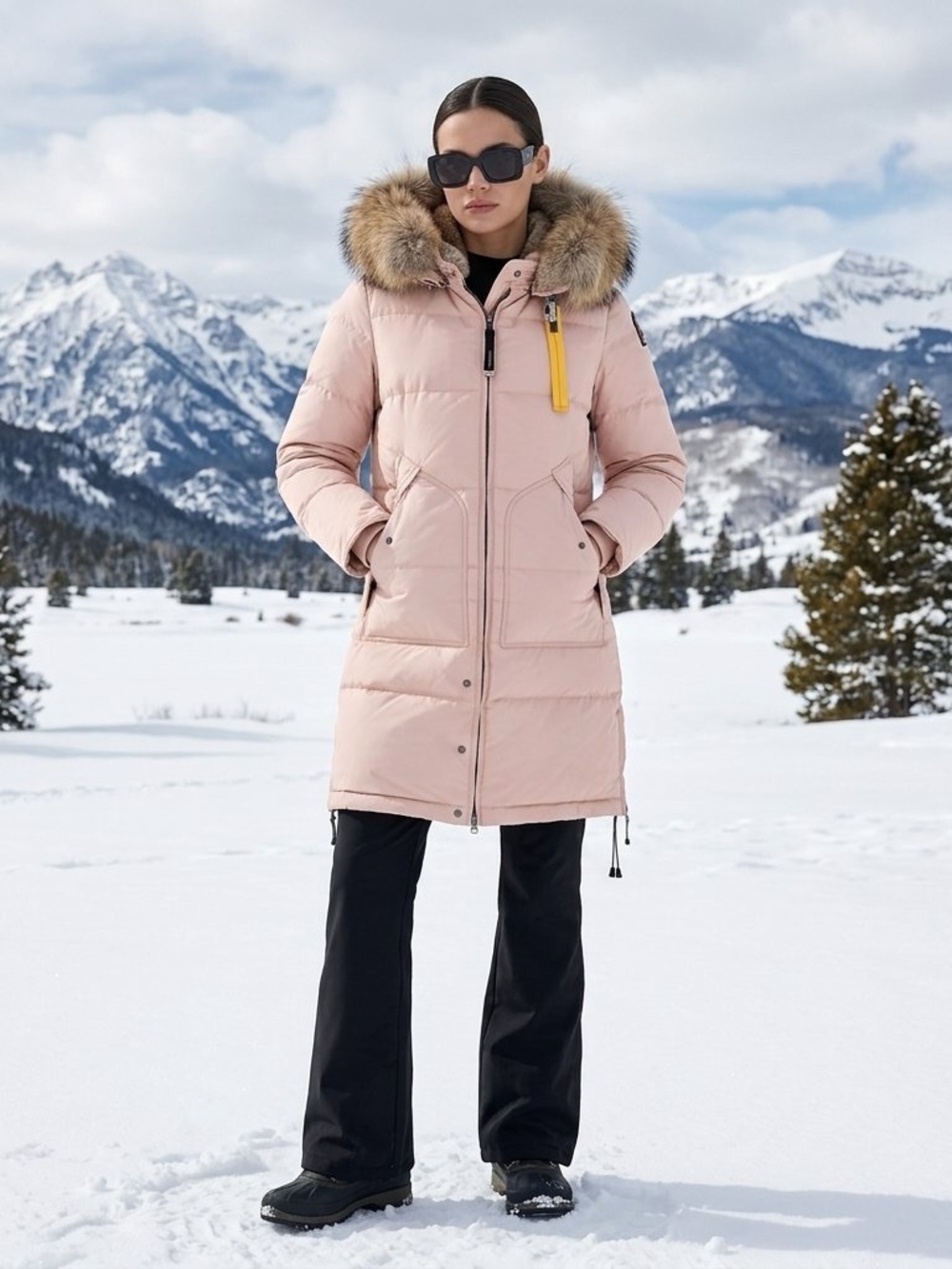 Parajumpers Blush Pink Long Down Puffer Coat with Fur Hood Size S